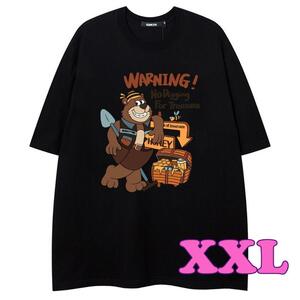 XXL メンズ オーバーサイズ Tシャツ くまWARNING カジュアル 黒