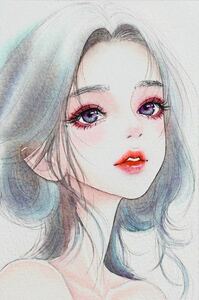 手描きイラスト　水彩画　原画　紫色瞳の女の子