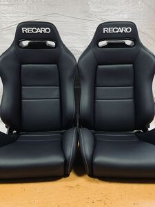 47.48.レカロ RECARO 2脚セット SR-3 黒フェイクレザー張り替え 張替え 張替 白 ホワイトシングルステッチ 両側ダイヤル