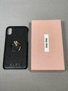 新品 未使用 miumiu iPhone X XS スマホ ケース iPhoneケース ミュウミュウ ロゴ レザー 本革 黒 ブラック スマホリング ビジュー
