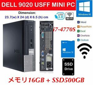 最強 小型PC Optiplex 7020/9020USFF / Core i7-4770S/メモリ16GB /SSD 500GB /DVD/RW /Win10/2021office/ Wi-Fi/Bluetooth/ 高性能 激安