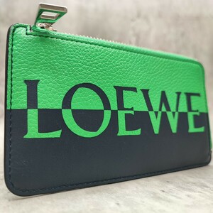 23SS/美品●LOEWE ロエベ メンズ シグネチャー コイン カード フラグメントケース 小銭入れ ロゴ レザー バイカラー 緑 グリーン×ネイビー