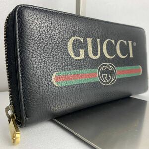 【極美品】GUCCI グッチ 長財布 ラウンドファスナー ジップ ロゴプリント シェリーライン 黒 ブラック 本革 レザー インターロッキング