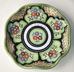 中古 飾り皿 花柄 メキシコ プエブラ 民芸品 CASA LA PAZ タラベラ 陶器 Talavera 海外 中米 洋食器 プレート お土産 手描き 壁掛け 緑色