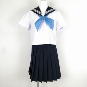 1円 セーラー服 スカート スカーフ 上下3点セット 大きいサイズ 富士ヨット 夏物 白3本線 女子 学生服 佐賀東高校 白 中古 ランクC NA0880