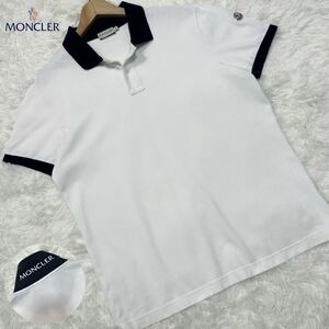 極美品/Lサイズ●MONCLER モンクレール マグリア 半袖 ポロシャツ 袖ロゴ 襟裏ロゴ ホワイト ネイビー 正規品 メンズ 春夏 