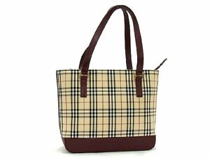 ■極美品■ BURBERRY バーバリー ノバチェック キャンバス×レザー ショルダーバッグ トートバッグ ベージュ系×ボルドー系 AT3461