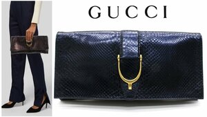 40万新品◆GUCCI グッチ『ソフトスティラップ』パイソンレザーワイドクラッチバッグ メタリックネイビー１円