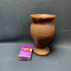 銘木彫刻筒型花器 伝統工芸 茶道具 華道具 床の間飾り 古銅え落とし　切花入れ
