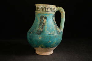 23　ペルシャ古陶器　青釉把手付瓶　壷　花瓶　水差し　水注　箱付き