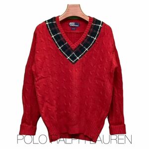 POLO, RALPH LAUREN, ポロラルフローレン, Vネック ,セーター ,長袖 ,ニット ,レッド ,古着, Lサイズ