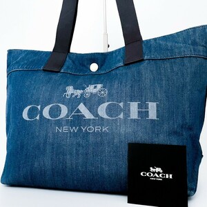 1円〜■超美品■COACH コーチ デニム キャンバス ロゴドントートバッグ ビジネス 大容量 A4 レディース メンズ レザー ネイビー 紺色 青系