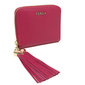 美品 フルラ コンパクト財布 ハート フリンジチャーム付き レザー ピンク FURLA