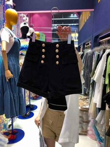 デニムショートパンツ ショーパン ジーパン 切り替え スリム 着痩せ デニム ダブルブレスト シンプル M ブラック