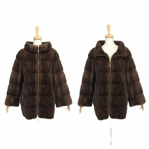 美品【 DAMA★KOPENHAGEN FUR 】高級毛皮 デミバフミンク ◆ハーフコート：72cm丈　ダブルファスナー仕様　横段　ダークブラウン◆S336T