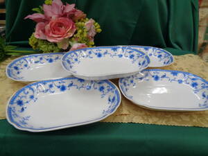 ブルージュ　洋皿　パスタ・カレー皿　金彩縁どり　ブルー花模様 　5客　陶器　未使用品