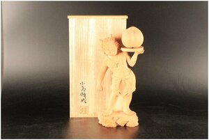 [URA]小島靖成 作/天桃鬼/35.5cm/共箱/5-5-54 (検索)骨董/仏像/彫刻/仏教/観音/不動/菩薩/釈迦/一刀彫/寺社仏閣