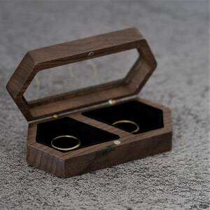 リングケース 木製 ペアリングケース ガラス内張り黒 くるみ 指輪ケース 婚約指輪二個収納可能 持ち運び リングボックス プレセント