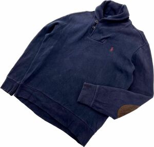 POLO RALPH LAUREN ☆ ショールカラー トレーナー エルボーパッチ フェード ネイビー M アメカジ ストリート ポロラルフローレン■BM30