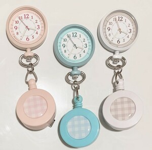 ナースウォッチ リール かわいい チェック ブルー ピンク ホワイト ナース 蓄光 時計 懐中時計 (NM)