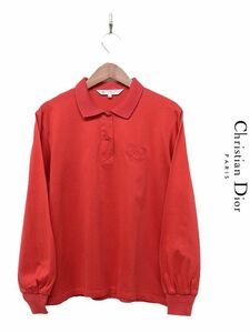 HGC-B389/美品 Christian Dior 長袖ポロシャツ カットソー ブラウス ロゴ刺繍 コットン M 赤