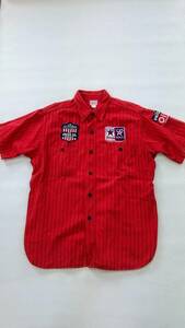 JOE McCOY ジョーマッコイ　ヘリンボーンシャツ　半袖　ストライプ柄　赤色　サイズ16 ワッペン付　リアルマッコイズ　ワークシャツ　