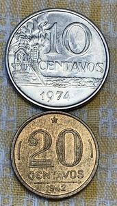 ● 【中古】ブラジル連邦共和国　古銭含む　10、20センターボ　コイン　2枚セット、