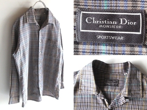 希少 ビンテージ Christian Dior MONSIEUR クリスチャンディオール ムッシュ コットン チェック柄 開襟 オープンカラーシャツ S ネコポス可