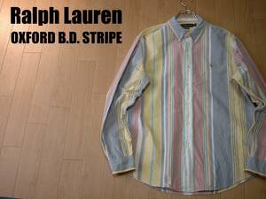 大人気Ralph Laurenマルチストライプシャツ美品XL長袖ワンポイントボタンダウンCUSTOM FIT正規ラルフローレンOXFORDオックスフォード