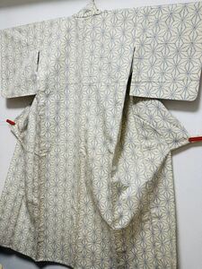 日舞家所蔵品★【極美品】単衣 京都祇園「むら田」 41万 米沢産米沢紬 玉繭真綿紬「水色 麻の葉文様」生成り糸 手機織 砧打ち★身丈158裄63