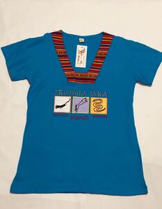 新品　ペルー製　インカのシンボル　コンドル　ピューマ　蛇　ロゴ刺繍　Tシャツ　カットソー　民族織物　ブルー　レディース　Sサイズ
