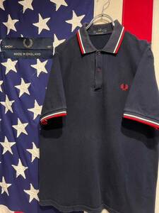 ★英国製★FRED PERRY★フレッドペリー★M12N★半袖ポロシャツ★鹿の子★刺繍ロゴ★月桂樹★ライン★ネイビー★紺★40★Lサイズ相当★