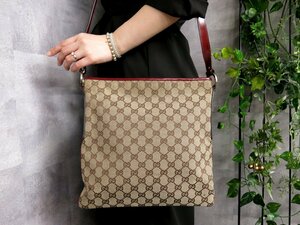 ●超美品●GUCCI グッチ●GGキャンバス カーフ レザー 本革●ショルダー バッグ●ベージュ ブラウン 赤●G金具●肩掛け●B5 書類●Js46214