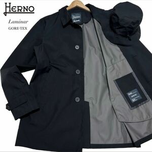 極美品/2XLサイズ(54)●HERNO ヘルノ ラミナー Laminar バケットハット付き GORE-TEX ステンカラーコート スプリング ジャケット 黒 春秋