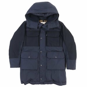 美品△MONCLER モンクレール 2018年製 PERRAULT レザーロゴパッチ・フード付き ダウンジャケット ダウンコート ネイビー 0 正規品 メンズ