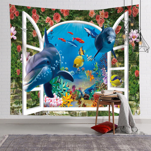 タペストリー金具付きB20　クジラ　海　窓　魚　薔薇　カラフル　壁掛け　景色　花　壁デコレーション　壁アート　背景布　テレワーク