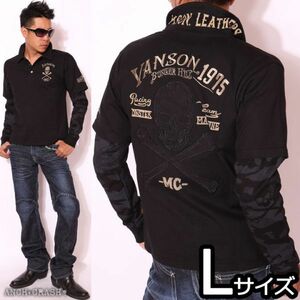 当店別注 VANSON バンソン フェイクレイヤード 長袖 ポロシャツ ブラック×袖ブラックカモ【Lサイズ 】NVPS-519 バイカー アメカジ 刺繍