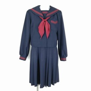 1円 セーラー服 ジャンパースカート スカーフ 上下3点セット 指定 大きいサイズ 冬物 赤3本線 女子 中学 高校 紺 中古 ランクC NA1715