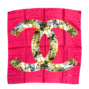 CHANEL シャネル 大判 スカーフ ココマーク チェーン アクセサリー 装飾品柄 ヴィンテージ シルク ピンク系