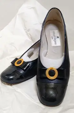 courreges ローヒールパンプス 黒エナメル皮 22.5cm