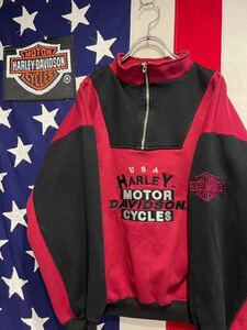 ★Harley-Davidson★ハーレーダビッドソン★ハーフジップ★スウェット★トレーナー★プルオーバー★刺繍ロゴ★赤×黒★M～Lサイズ相当★