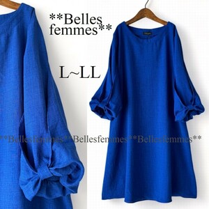 ★送料185円★新品 L～LL/XL/2L★リボン袖チュニック*大人可愛い*春夏チュニック*たっぷり長め丈*ふんわりチュニック695*ロイヤルブルー