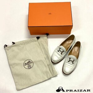 HERMES エルメス コンスタンス レザー ローファー 36 1/2 ホワイト/シルバー ケース・収納袋付 [50803]