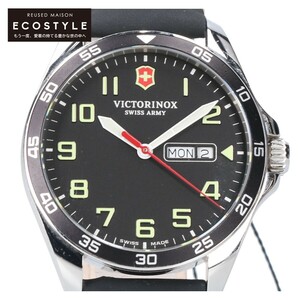 【美品】VICTORINOX ビクトリノックス 241846 FIELDFORCE フィールドフォース レザーベルト デイデイト クオーツ 腕時計 シルバー/ブラック