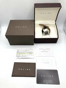 【7855】稼働品 CELINE セリーヌ マカダム ラウンドフェイス 30M/100FT 黒文字盤 純正ベルト、尾錠 箱、ケース付 腕時計 可動