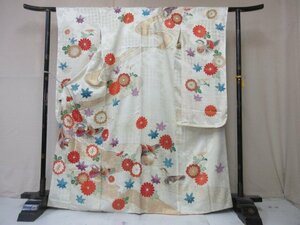 1円 良品 正絹 着物 振袖 縮緬 式典 和装 アンティーク 鴛鴦 吹き寄せ 花柄 流水 高級 袷 身丈155cm 裄67cm ◆逸品◆【夢職】★★★★