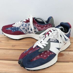 z1930【MS327DWU】ニューバランス US10 28.0cm/紺 ネイビー 赤 エンジ 白 ホワイト系 ペイズリー newbalance メンズ スニーカー 中古