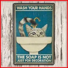 ブリキ看板 猫 洗面台手洗い ネコ カフェ アメリカン雑貨 インテリア壁装飾a