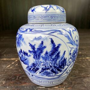 e3298 陶器 茶入 茶缶 山水 冠茶 中国古玩 中国美術 花瓶 蓋付 古美術 骨董 置物 大清乾隆年製