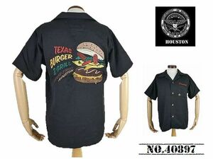 【送料無料 40%OFF】HOUSTON ヒューストン 刺繍ボウリングシャツ (ボーリングシャツ) 「BURGER」柄 NO.40897 BLACK_XLサイズ